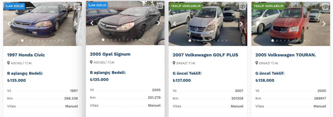 Hepsini devlet satışa çıkardı! Honda Civic 135 Bin TL, Volkswagen Passat 146 Bin TL!