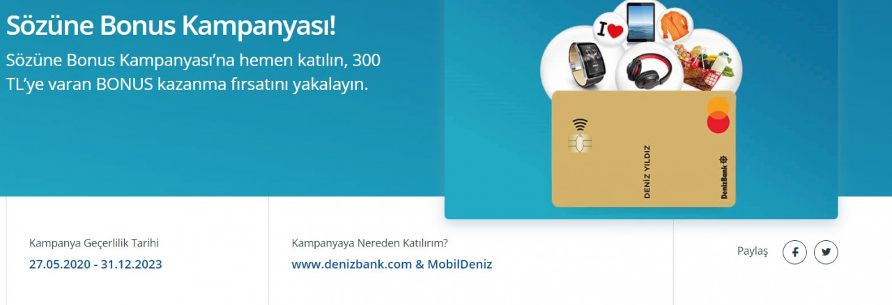 Denizbank kredi kartı alan müşterilerine 300 TL bonus hediye edecek!