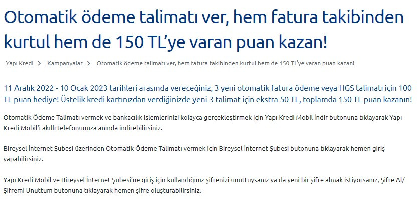 Faturası olanlara duyuru yapıldı! Yapı Kredi Bankası otomatik fatura ödeme talimatı verene 150 TL indirim yapacak