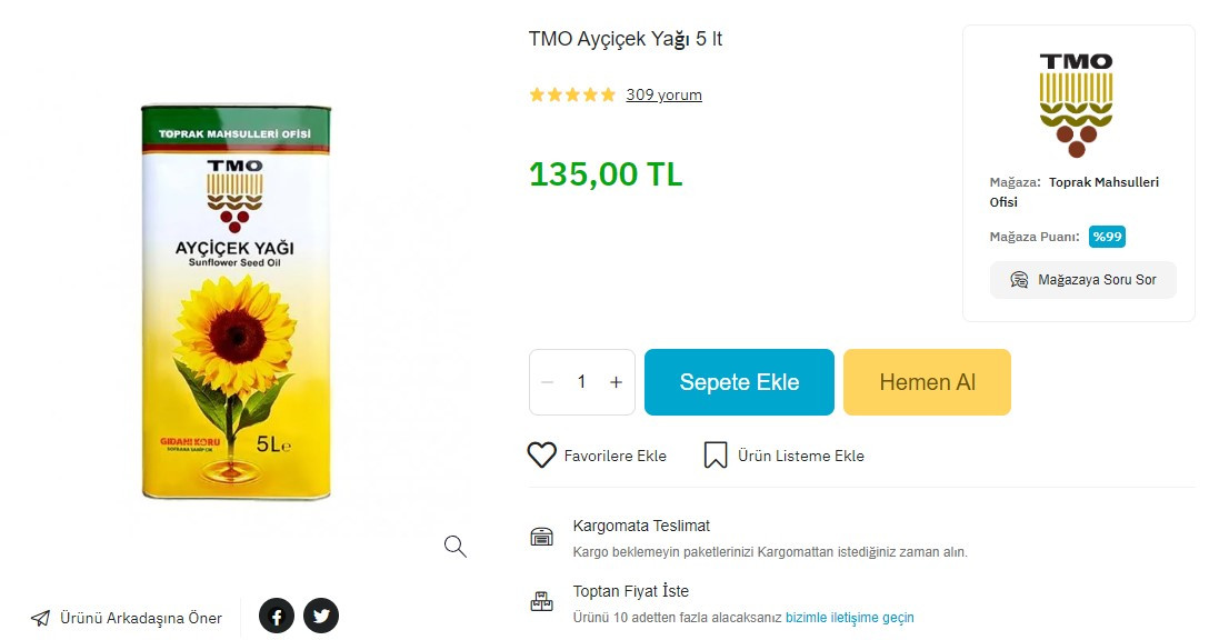 Tarım Kredi ve PTT fiyatları sabitledi 5 LT TMO Ayçiçek yağı son bir kez 135 TL'ye satışa açıldı