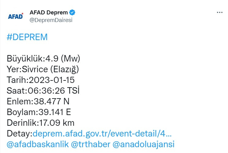 AFAD ve Kandilli duyurdu! Elazığ Sivrice'de deprem!