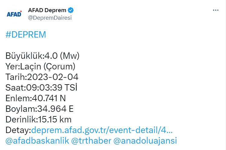 AFAD açıkladı, Çorum'da deprem!