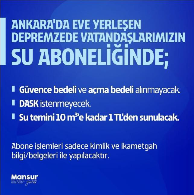 Mansur Yavaş Ankara'ya yerleşen depremzedeler için su aboneliğinde kolaylıklar sağlanacağını duyurdu