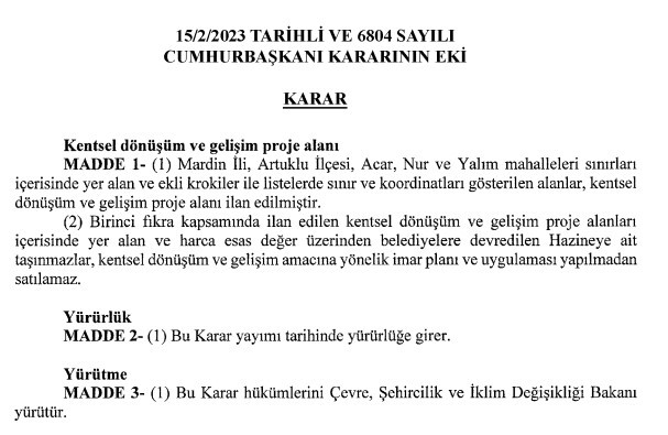 Mardin Artuklu Acar Nur ve Yalım Mahalleleri kentsel dönüşüm alanı ilan edildi