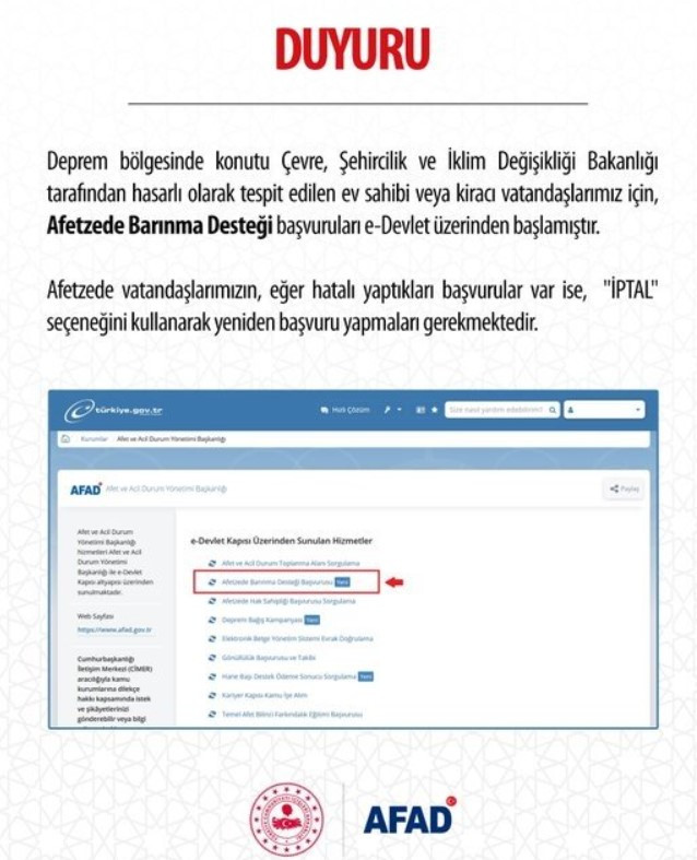 Afetzede Barınma Desteği e-Devlet başvuru ekranı açıldı!