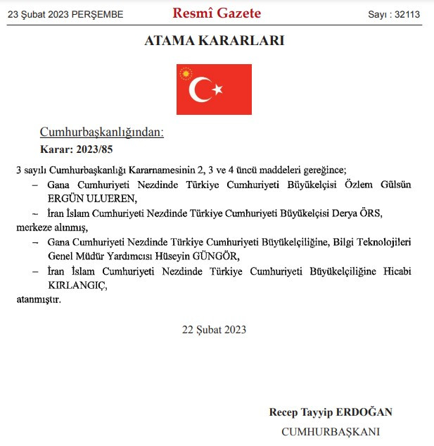 Yeni büyükelçi atamaları Resmi Gazete ile yayımlandı! 23 Şubat 2023 atama kararnamesi