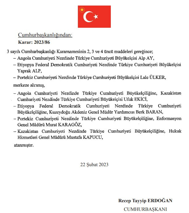 Yeni büyükelçi atamaları Resmi Gazete ile yayımlandı! 23 Şubat 2023 atama kararnamesi