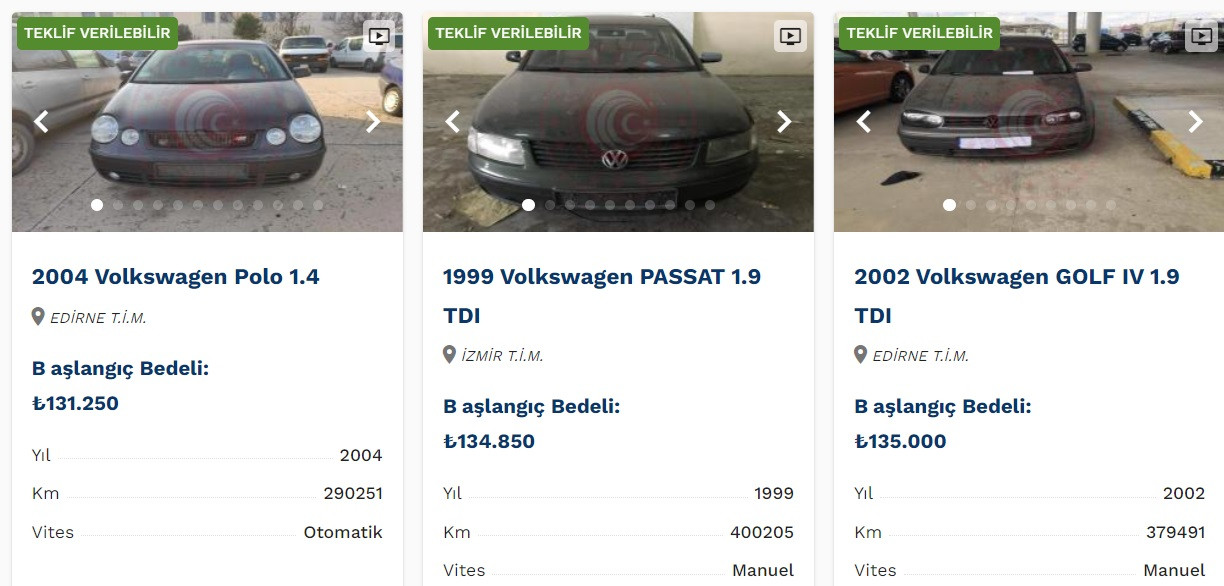 Volkswagen Polo 131 Bin TL, Passat 134 Bin TL! Devletten satılık ikinci el otomobiller!