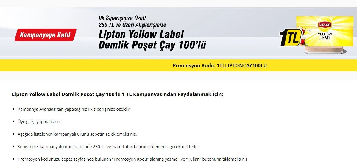 Avansas'tan dev kasa arkası indirimi! Lipton Yellow Label Demlik Poşet Çay 100'lü 1 TL'den satışta