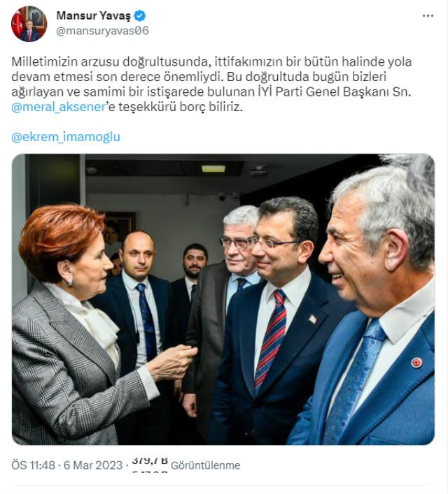 6'lı Masa'nın adayının belli olmasının ardından İmamoğlu ve Yavaş'tan Akşener paylaşımı