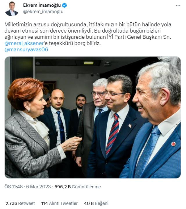 6'lı Masa'nın adayının belli olmasının ardından İmamoğlu ve Yavaş'tan Akşener paylaşımı