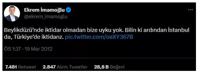 Ekrem İmamoğlu'nun 2012 tarihli tweeti paylaşım rekoru kırdı!