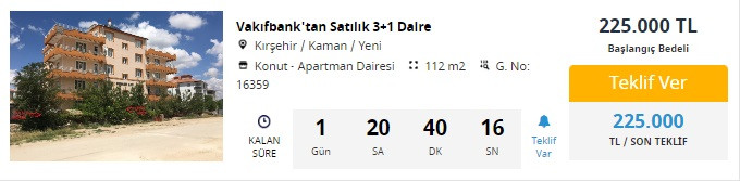 22.500 TL peşinat ve 3.555 TL taksitle! Vakıfbank'tan kelepir 3+1 konut satışı!